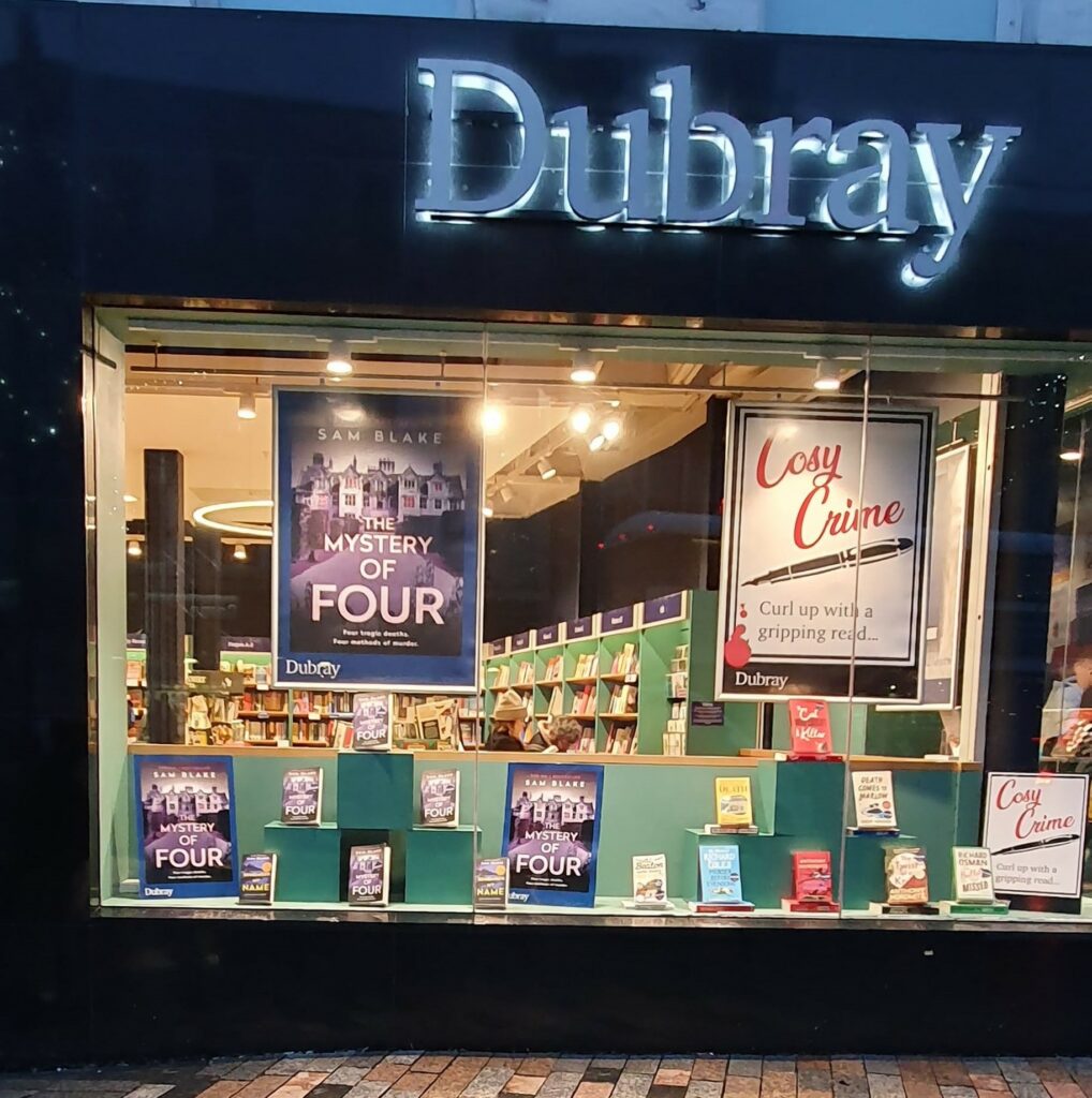 Dubray Books Cork shop window featuring The Mystery of Four